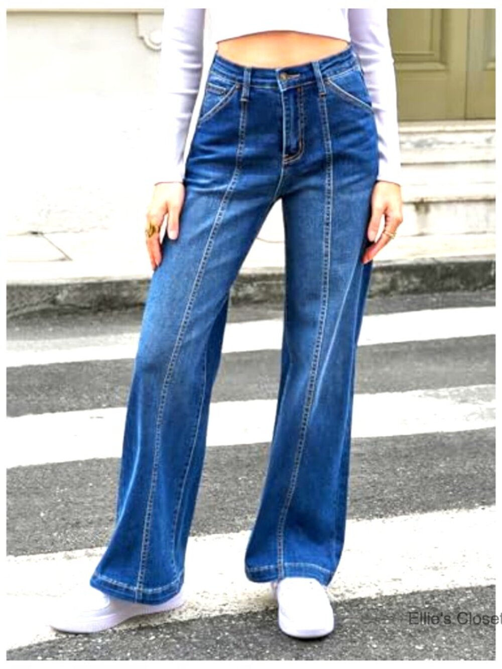 Wide Leg Jeans High Waisted Baggy Stretchy Front Seam Denim Pants - Picture 4 of 7